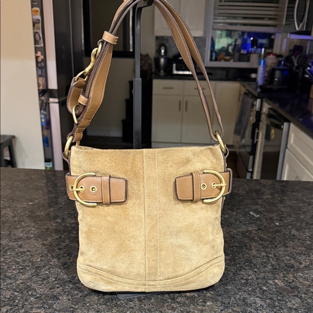 Coach Tan Suede SoHo Buckle Shoulder Bag with Buckle Accents